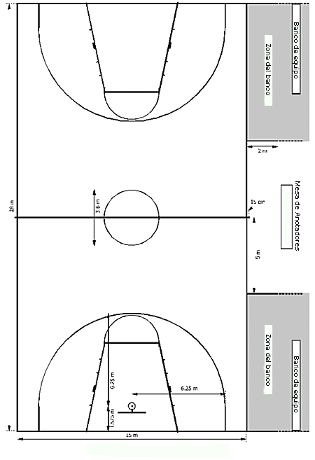 Un área interior con líneas de canasta de baloncesto.